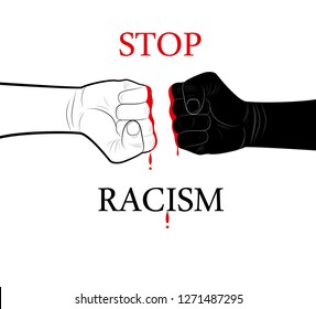 stop racism concept, two hands black and white and blood drop in the middle with text stop racism, minimalist poster, vector