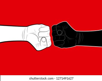 stop racism concept, two hands black and white on the red background, minimalist poster, vector