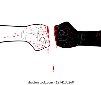 stop racism concept, two hands black and white with blood blots,conflict concept, vector