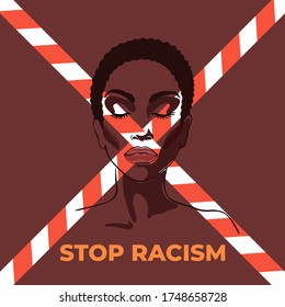 Stop racism concept. Young African American woman and red white tape. Fighting for equality. Sketching illustration, realistic portrait.