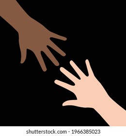 Stop racism! Different skin colors hands. Two different colored leather hands are extended diagonally to the center - Racism and equality concept - Black Lives Matter - we are equal! - Vector