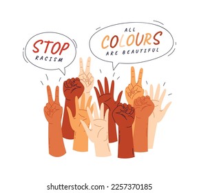 Stop racism flat icon Hands of different races. Vector illustration