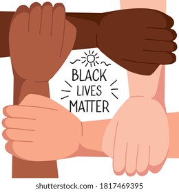 stop racism, with four joined hands, black lives matter concept vector illustration design