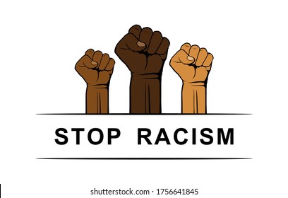 Stop racism, hands of people of different nationalities squeeze into fists, against racism and discrimination. Black lives matter, rally campaign against racial discrimination of dark skin color.