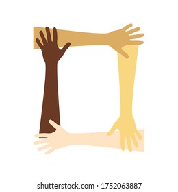  stop racism icon. Motivational poster against racism and discrimination. Many hands of different races together  Vector Illustration