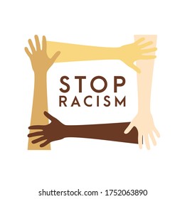  stop racism icon. Motivational poster against racism and discrimination. Many hands of different races together  Vector Illustration