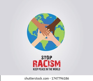 Stop Racism- Keep peace in the world. Earth with different color hand no racism concept vector illustration. 