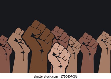 Stop racism. Many multi colored fist protesting on dark background. Black lives matter. Different races hands protest, interracial community unity. Modern vector in flat style. New movement