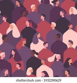 Stop racism. Multinational society. Black lives matter. Flat style different people. Purple seamless pattern. Pink background - vector illustration.
