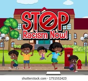 Stop racism now font with sad children illustration