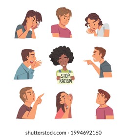 Stop Racism, People Manifesting against African American Woman Holding Sign Board to Demand Equality Vector Illustration
