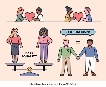 Stop racism. People of various races are holding hands. flat design style minimal vector illustration.