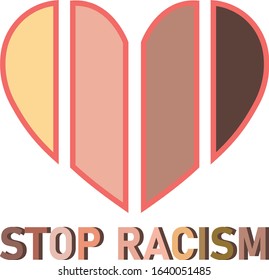 Stop Racism Poster with Multicolored Heart. Design for No Racism Banners, Posters, Cards, Icons, Signs.