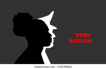 Stop Racism Poster. Social Problem. Systemic Racism In Police Forces. Abstract Heads: Black Man With Afro Hair And White Cop Wearing Headgear. Contrform Poster, Banner, Vector Illustration.