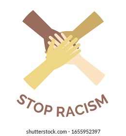 Stop racism vector banner concept. Hands of different skin color and diverse races people putting together cartoon illustration. Poster against racism and discrimination, all human beings are equal.