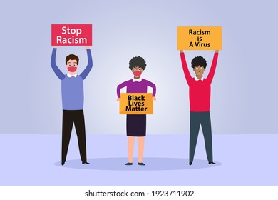 Stop racism vector concept: Group of people doing demonstration for stop racism while wearing face mask in new normal