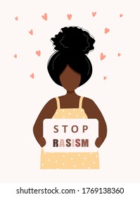 Stop racism and violence. Black lives matter. African woman cartoon character. I can not breathe. Social poster and web banner. Modern vector illustration in flat style.
