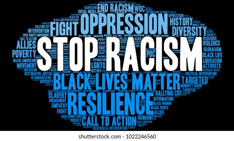 Stop Racism word cloud on a black background. 