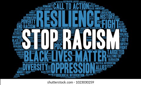 Stop Racism word cloud on a black background. 