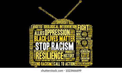 Stop Racism word cloud on a black background. 