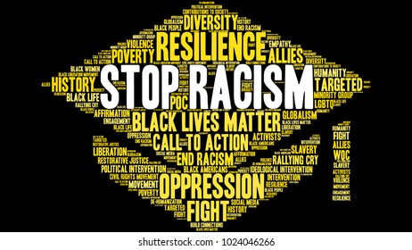 Stop Racism word cloud on a black background. 