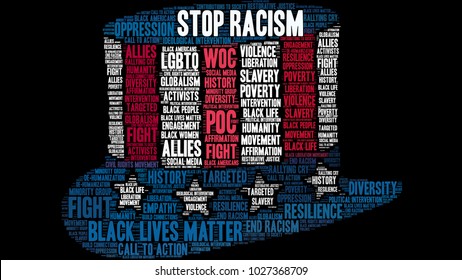 Stop Racism word cloud on a black background. 