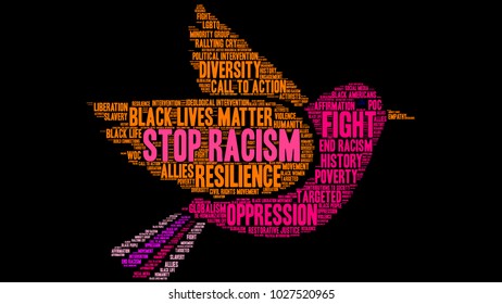 Stop Racism word cloud on a black background. 