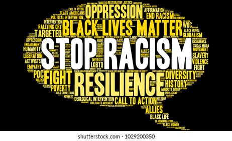 Stop Racism word cloud on a black background. 