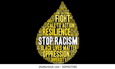 Stop Racism word cloud on a black background. 
