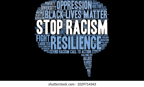 Stop Racism word cloud on a black background. 