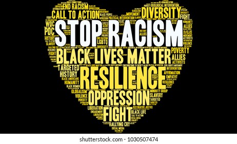 Stop Racism word cloud on a black background. 