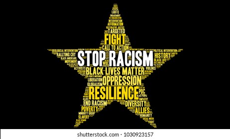 Stop Racism word cloud on a black background. 