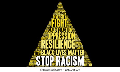 Stop Racism word cloud on a black background. 