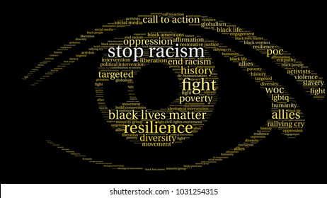 Stop Racism word cloud on a black background. 