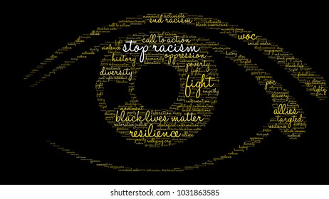 Stop Racism word cloud on a black background. 