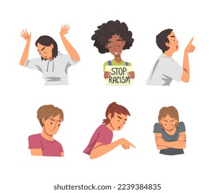 Stop Racism with Young African American Woman Character Holding Placard and Angry People Blaming Vector Set