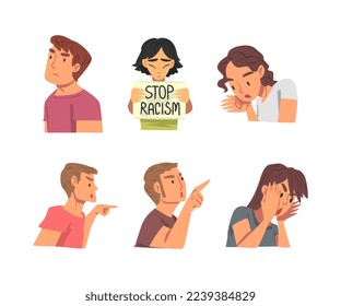 Stop Racism with Young Chinese Woman Character Holding Placard and Angry People Blaming Vector Set