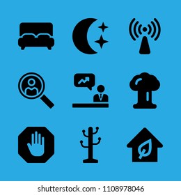 stop, rack, analytics, bed, non ionizing radiation, night, search, explosion and eco house vector icon. Simple icons set