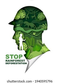 Stop rainforest deforestation poster, banner template. Green jungle plants and wild animals inside of man head silhouette, vector illustration in paper art style. Save rainforest and planet Earth.