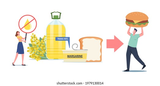 Stop Rapeseed Oil, Spread or Cholesterol Products Concept. Unhealthy Trans Fats Eating, Tiny Male Character Put Margarine on Huge Toast, Woman with Crossed Oil Drop Banner. Cartoon Vector Illustration