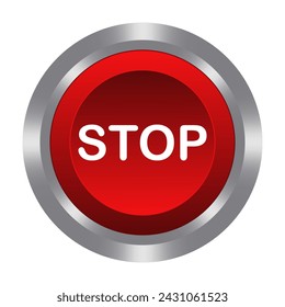 Stop red button with metal base. Push, press, control, manipulation, key, knob. Shutdown, switch off, turn, finish, close, end, cease, complete, cut, disconnect, ungear, reset. Vector illustration