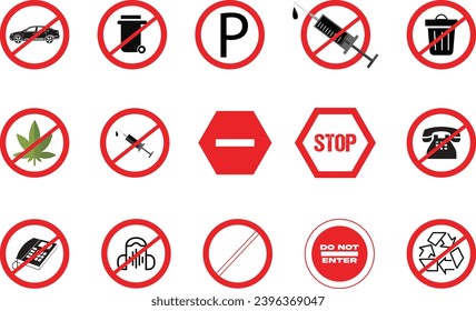 Stop red color icon set collection. Prohibited ban collection. Isolated vector illustration.