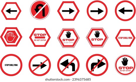 Stop red icon set with hand, arrow, sound, alcohol, prohibited sign vector illustration.