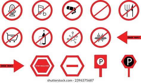 Stop red icon set with hand, arrow, sound, alcohol, prohibited sign vector illustration.