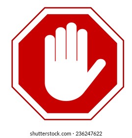 STOP! Red octagonal stop hand sign for prohibited activities. Vector illustration - you can simply change color and size