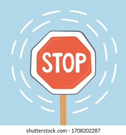Stop red road sign on blue background. Stop action symbol. Hand drawn vector illustration in flat style