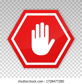 Stop red sign. Hand icon. Warning octagon symbol. Octagonal signal stop restricted sign. Halt icon silhouette hand red color isolated on background. Prohibited activities. Roadsign with. Restriction