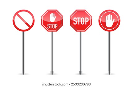 Stop Red Sign. Stop hand sign with text. Warning stop icons. Danger Sign Frame. Traffic signs on white background. Vector illustration