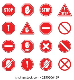 stop red sign icon set. stop sign. stop symbol with hand. stop traffic signs. Vector illustration