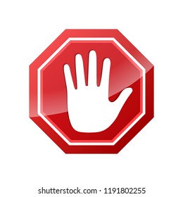 Stop red sign icon with white hand - vector